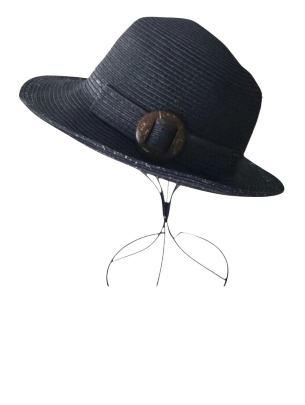 David & Young Black Straw Hat w/ Silver Threading & Wood Buckle